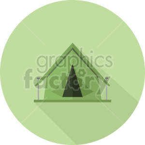 A green camping tent in a flat design style on a light green circular background.