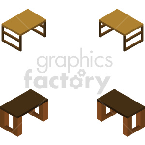 Isometric clipart of four differently colored desks, showcasing design variations.