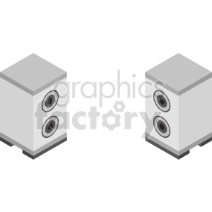 A pair of grey rectangular speakers with dual circular drivers in an isometric view.