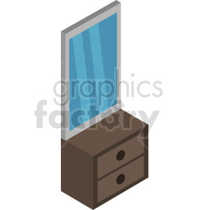 Clipart image of a dresser with a mirror on top. The dresser is brown with two drawers, and the mirror has a blue reflection.