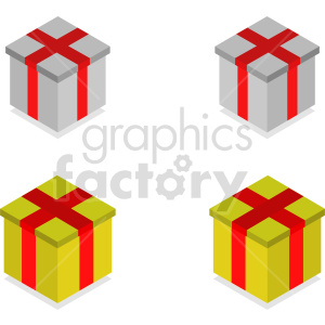 Isometric clipart image of four presents, featuring two gray and two yellow gift boxes with red ribbons.