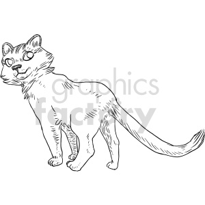 The clipart image features a line drawing of a cat. The cat appears to be in a standing position with a slightly turned head, looking to the side. It has visible whiskers, a pair of pointed ears, and a long tail.