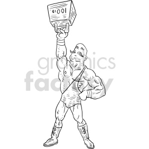 Illustration of a strongman with a mustache in a vintage wrestling outfit, lifting a heavy dumbbell labeled '100 lbs' above his head.