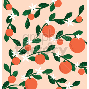 An illustrative clipart depicting orange branches with ripe oranges, green leaves, and white flowers against a light pink background.