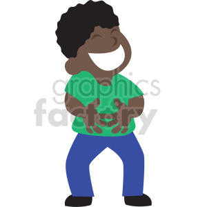 A clipart image of a person laughing with hands on their stomach, wearing a green shirt and blue pants.