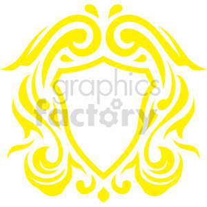 A clipart image of a yellow ornate frame with a blank central shield. The frame features intricate, swirling patterns.