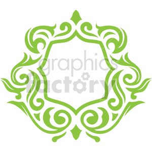 A decorative green frame with intricate, swirling patterns and a symmetrical design.