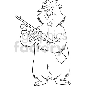   The clipart image depicts a cartoon-style bear dressed as a mobster or gangster, carrying a machine gun in one hand and sporting various tattoos on his body. The image is black and white, with shading used to add depth and texture to the bear