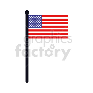 The clipart image shows a stylized version of the flag of the United States of America, commonly referred to as the American Flag, mounted on a black flagpole. The flag is depicted with its characteristic horizontal red and white stripes and a blue field in the upper left corner with white stars, representing the 50 states of the country.