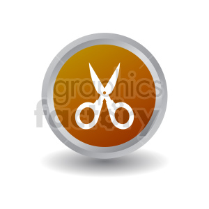 Illustration of a pair of white scissors on a round orange background with a gray border.