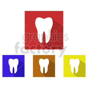 Colorful tooth icons with long shadows in red, blue, brown, and yellow backgrounds.