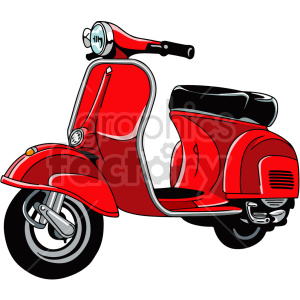   The clipart image shows an illustration of a Vespa scooter, which is a type of motor scooter or moped. The Vespa has a distinctive design with a step-through frame and a small engine. In the image, the Vespa is shown from a side view, with a driver