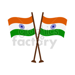 This clipart image features two Indian flags crossed over one another. Each flag consists of three horizontal stripes: saffron at the top, white in the middle with a blue Ashoka Chakra in the center, and a green stripe at the bottom. The flags are mounted on brown poles with finials at the bottom end.