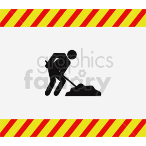 Silhouette of a person working with a shovel, indicating construction work with a striped caution border.