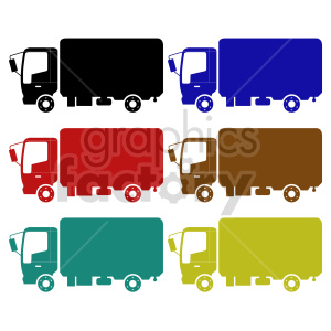 Colorful silhouette clipart of six trucks in various colors, including black, blue, red, brown, teal, and yellow, shown from the side view.