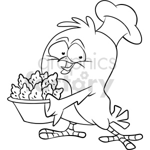 A cheerful, cartoon-style bird wearing a chef's hat and carrying a bowl of chicken tenders