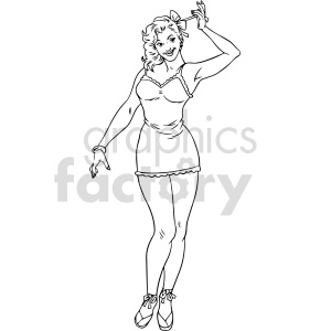 A retro-style black and white clipart of a smiling woman wearing a short dress, tying a ribbon in her hair.