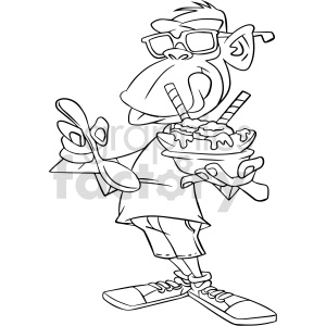 A black and white clipart image of a cool monkey wearing sunglasses, holding a spoon and a bowl of ice cream with wafers.