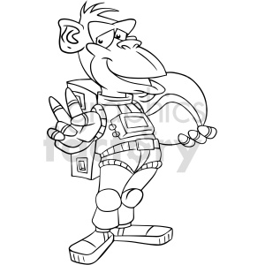 A clipart image of a cheerful astronaut monkey, giving a peace sign and wearing a spacesuit with technological gadgets on it.