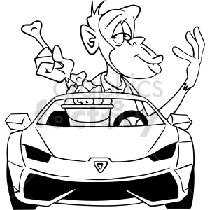 Cartoon clipart of a cool monkey driving a sports car with a bucket of chicken and holding a bone. The image is black and white and can be used for coloring activities.