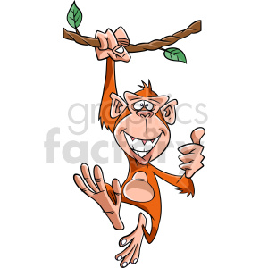 A cartoon monkey hanging from a branch with one hand, giving a thumbs-up with the other hand, and smiling brightly.