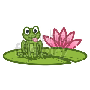 This clipart image features a cartoon-style green frog sitting on a lily pad with a pink flower bloom next to it. The frog appears to be happy or content, as indicated by the facial expression and the tongue playfully sticking out.