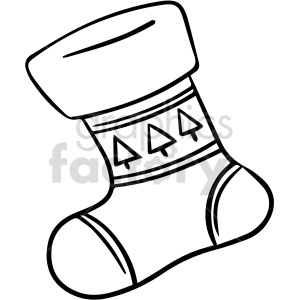 A black and white clipart image of a Christmas stocking with a pattern of trees.