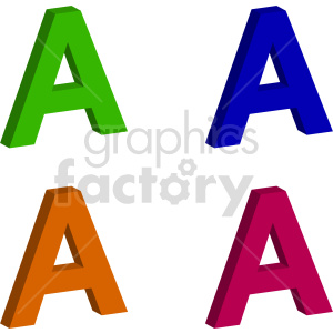 This clipart image features four 3D stylized letters 'A' in different colors: green, blue, orange, and red. Each letter has a shadow effect giving it a three-dimensional appearance.