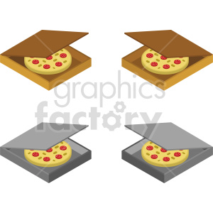 Clipart image featuring four pizzas in different boxes. The top two boxes are brown, and the bottom two boxes are gray.