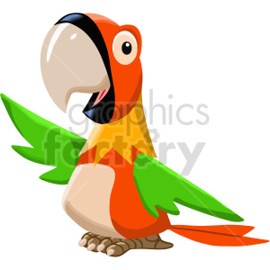 A colorful cartoon parrot with green wings, an orange body, and a large beak.