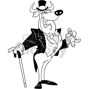 The clipart image shows a cartoon bull dressed in formal attire, including a top hat and tuxedo with a bow tie. He is holding a cane and a monocle in one hand.