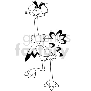 A black-and-white clipart image of a cartoon ostrich with an exaggerated facial expression, standing on its two legs.