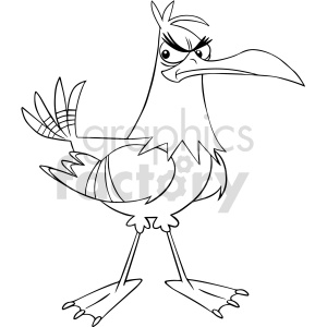 A black and white line drawing of a cartoon bird with an angry expression. The bird features exaggerated long legs, a large beak, and pointed feathers on its tail and head.