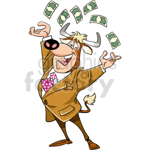 The clipart image depicts a cartoon of an anthropomorphic bull wearing a suit and tie, throwing cash into the air with a happy and confident expression.