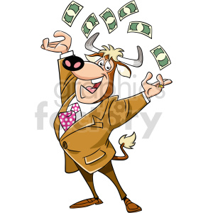   The clipart image depicts a cartoon of an anthropomorphic bull wearing a suit and tie, throwing cash into the air with a happy and confident expression. 