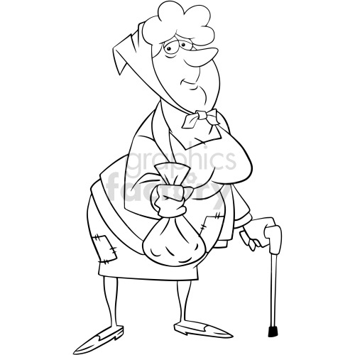 Black and white clipart image of an elderly woman holding a bag in one hand and a cane in the other. She is wearing a headscarf, glasses, and an outfit with patches.