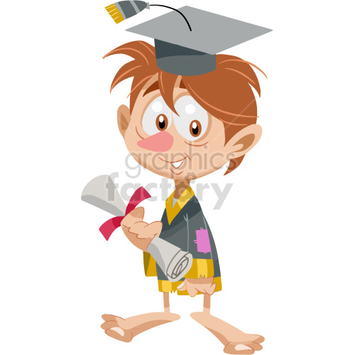 A cartoon character wearing a graduation cap and gown, holding a diploma tied with a red ribbon. He has patches on his gown, and no shoes on - suggesting he is poor. 