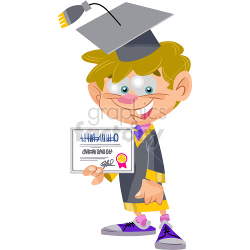 The clipart image shows a cartoon kid wearing a graduation cap and gown, holding a diploma in one hand. This represents a student who has successfully completed their schooling or education.