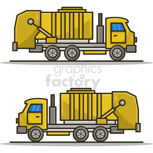 Clipart image of a yellow garbage truck. The truck is illustrated in a cartoon style and is viewed from the side in two different angles.