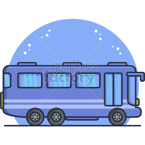 A clipart image of a blue bus with multiple windows and wheels against a circular blue background with small white dots.