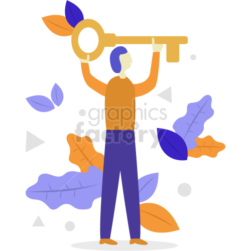 A colorful clipart illustration of a person holding a large golden key above their head. The person is surrounded by various colored leaves and geometric shapes.