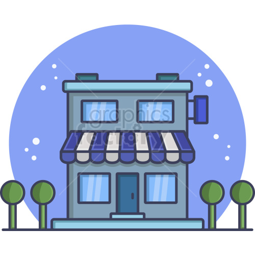 This clipart image features a small storefront with a blue and white striped awning, large windows, and a door at the front. The building is surrounded by four stylized trees and is set against a blue circular background with small white dots.