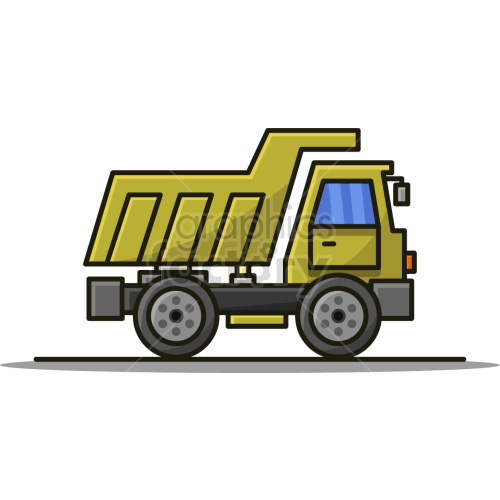 A clipart image of a yellow dump truck with blue windows and large wheels, illustrated in a modern cartoon style.