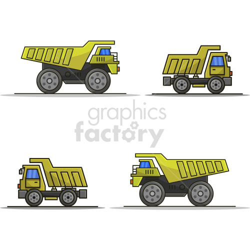 A set of four yellow dump truck clipart images in different angles and positions, showcasing side views and detailing.