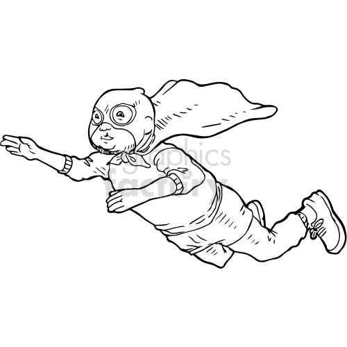 A black and white clipart image of a person in a superhero costume, flying in the air with one arm extended forward. The costume includes a mask with goggles, a cape, and casual clothing with sneakers.