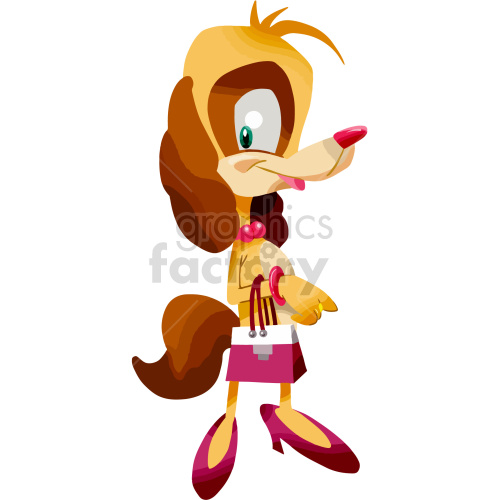 The clipart image features an anthropomorphic female dog character. She has brown fur with a blonde hairdo on top of her head, a big green eye visible, a pink tongue, and is wearing a necklace with pink beads. The character also has a pink skirt, a top or dress in shades of yellow and brown, a pink and white handbag with what appears to be straps or handles draped over her arm, and red high-heeled shoes.