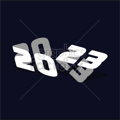 A modern, stylized clipart representation of the year 2023, with the numbers '20' and '23' in an angled, white and gray colored font on a dark background.