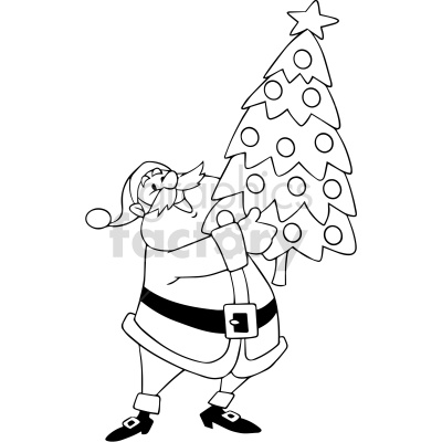 A black-and-white clipart image of a jolly Santa Claus holding a decorated Christmas tree topped with a star.