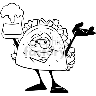 A cheerful cartoon taco character holding a frothy beer mug in one hand and gesturing with the other hand.