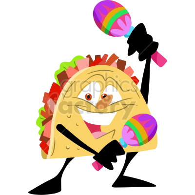 This clipart image features a cheerful cartoon taco character holding colorful maracas. The taco is filled with various ingredients such as lettuce, tomatoes, and meat, and has an enthusiastic expression on its face with wide eyes and a big smile.